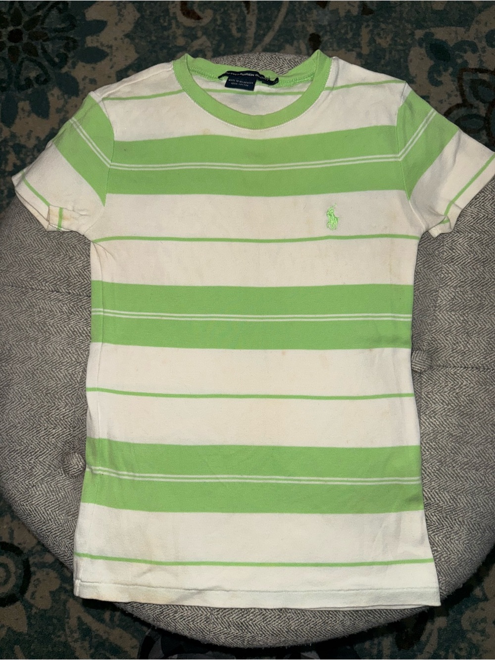 Ralph Lauren White and Lime Green Striped Short Sleeve Tee